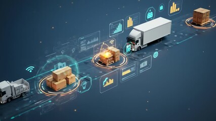Trucks transport goods along a digital supply chain with data visualizations - Powered by Adobe