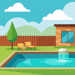 Modern Grass Backyard with Wooden Fence and Pool for Outdoor Relaxation