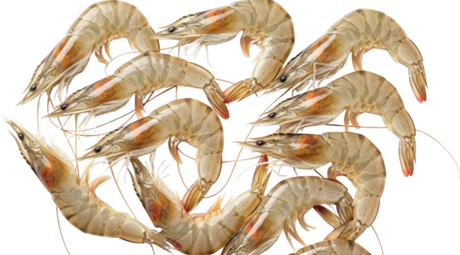 Group Of Raw Shrimp With Delicate Tails And Whiskers Displayed Against A Transparent Background Ready To Isolate