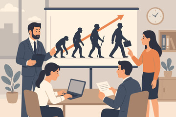 Business team analyzing evolution infographic, office workers studying growth chart, corporate development, teamwork strategy, modern workplace meeting, flat vector illustration