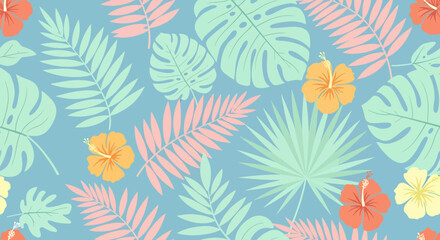Tropical Foliage and Hibiscus Flowers Pattern in Pastel Shades on Light Blue. © agra