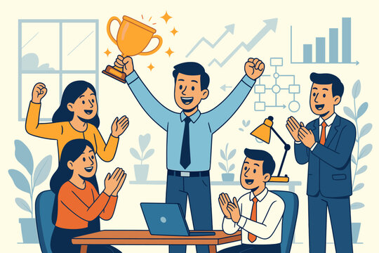 Business team celebrating employee achievement, rewarding success, teamwork motivation, office recognition, group applause, trophy winner, productivity, professional collaboration, vector illustration