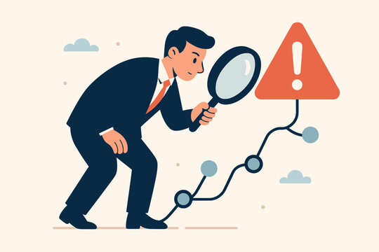 Root cause analysis problem solving concept. Businessman with magnifying glass investigates incident, tracks data, finds warning sign, exclamation mark. Risk management, error detection, flat vector