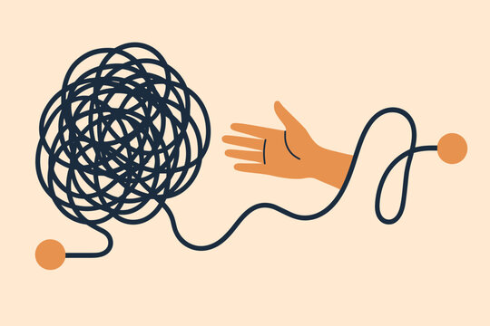 Abstract tangled and untangled line with human hand metaphor. Problem solving, mental health, stress management, confusion to clarity, solution concept. Modern flat vector illustration