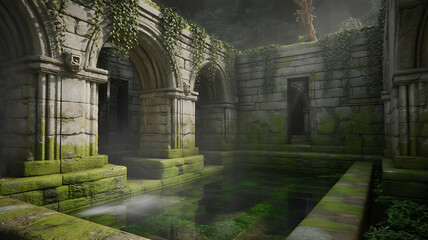 Obraz premium Ruined stone arches, overgrown with moss, a misty interior. 
