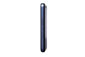 Obraz premium Sleek dark blue smartphone side view with buttons isolated on a transparent background mobile device