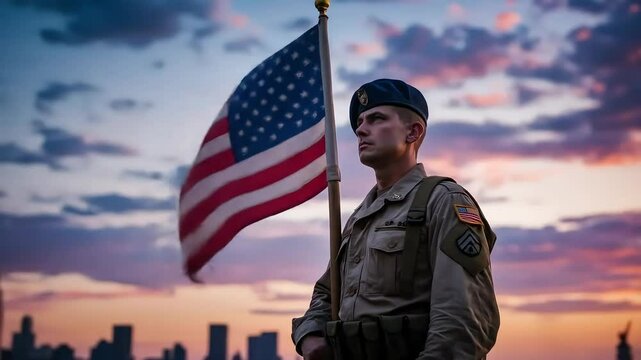 American Soldier Holds American Flag At Sunset In New York With Statue Of Liberty In Background