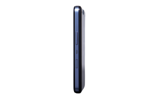 Sleek dark blue smartphone side view with buttons isolated on a transparent background mobile device