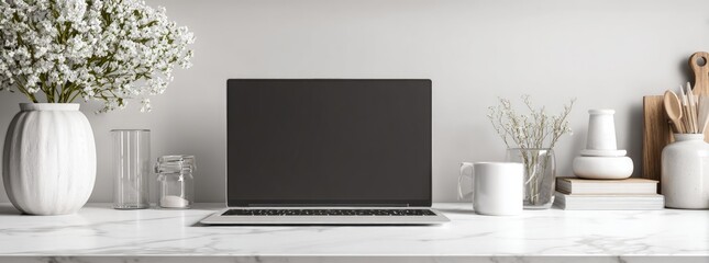 Modern Minimalist Workspace with Laptop and White Decor