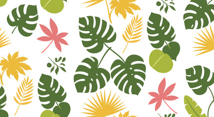 Tropical Foliage Pattern Monstera Palm and Maple Leaves in Green Yellow and Pink.