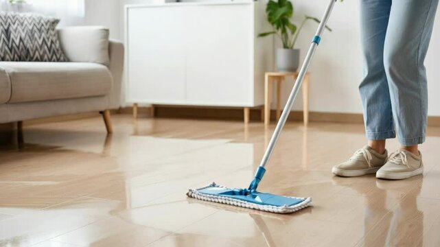 Person mopping clean wooden floor in tidy living room with plant