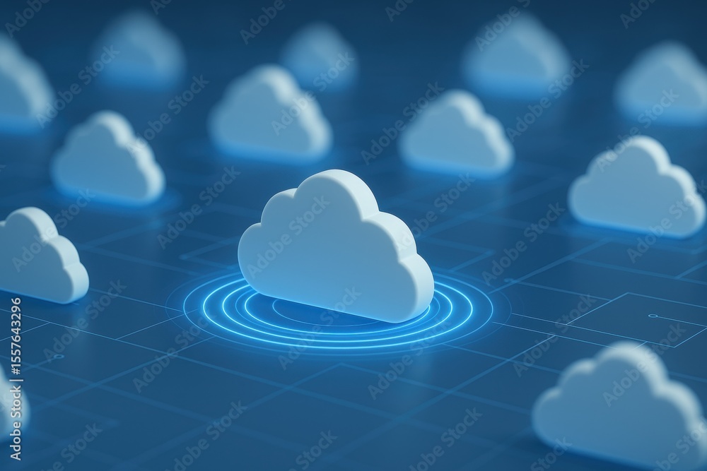 Poster cloud computing conceptual: a digitally rendered composition depicting a network of ethereal clouds,