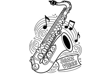 Obraz premium Saxophone illustration, jazz vibes, musical notes. 