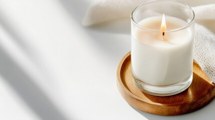 Single white candle in a glass holder, sitting on a clean white background with a soft glow. 