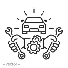 Obraz na płótnie Canvas logo car service, car repair icon, transport service emblem, hands of a master with a wrench, auto repair station, gears, line symbol on white background - editable stroke vector illustration eps10