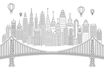 City skyline, bridge, and skyscrapers in simple line art.
