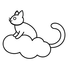 Cute cartoon cat sitting on a fluffy cloud in simple line art style