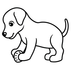 Cute cartoon puppy dog playing with a ball in a simple line drawing style