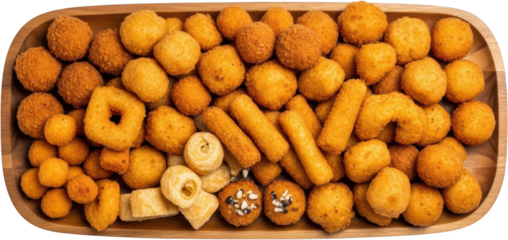 Assorted deep fried snacks on a wooden tray including cheese balls and sticks served as appetizers or party food
