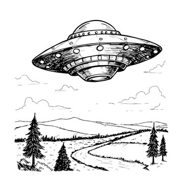 Hand drawn UFO flying above serene natural landscape with trees and mountains. This vintage style UFO illustration captures an alien spacecraft navigating over rural hills,