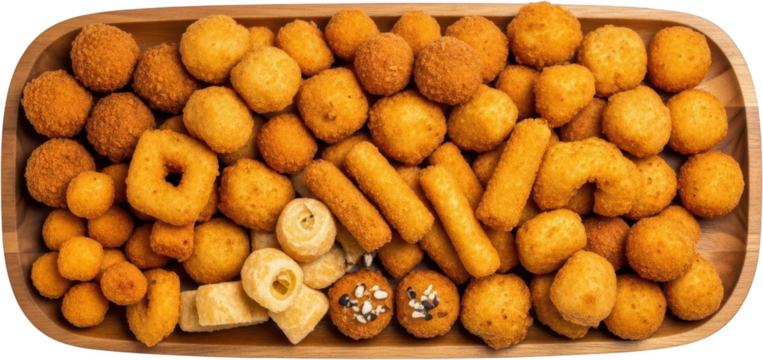 Assorted deep fried snacks on a wooden tray including cheese balls and sticks served as appetizers or party food