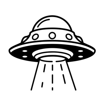 Black outline illustration of classic UFO, featuring iconic dome and beaming light. This popular UFO design highlights circular shape, ideal for science fiction, space, or alien themes.