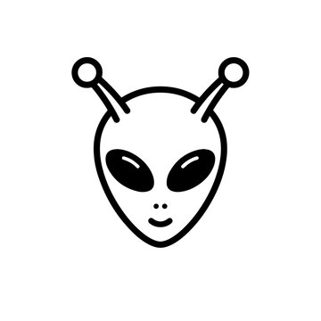 Black line art alien head illustration on white background. Minimalist alien head design features large dark eyes, subtle smile, two antennae. Concept alien head for science fiction themes,