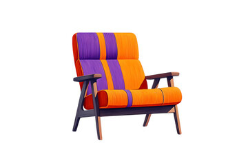 Striped armchair with wooden frame and purple orange upholstery isolated on a transparent background
