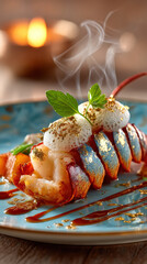 Steamed lobster with artistic blue shell, creamy topping and shallow depth of field