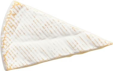 A triangular wedge of soft white cheese with a patterned rind and a golden edge isolated against a black backdrop