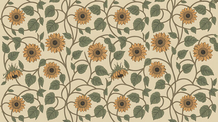 A repeating pattern of sunflowers and vines on a cream background.

