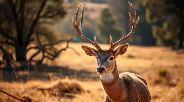 A deer with antlers stands in a field of dry grass with trees blurred in the background