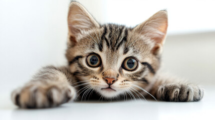 Small kitten with wide eyes, playfully reaching for a toy, isolated on a bright, simple background. 