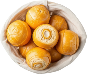 Overhead view of several crusty Kaiser rolls nestled within a woven basket one roll sliced to reveal its interior