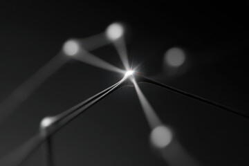 minimalist photograph of abstract neural impulse transmission scheme focusing on single ultrabright element against