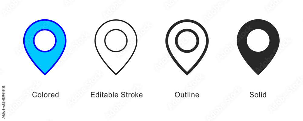 Aufkleber Location pin marker icon. Pointer in colored, editable stroke, outline and solid styles. Navigation and mapping symbol - vector