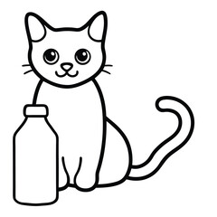 Cute cartoon cat sitting next to a bottle of milk on a white background