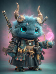 Adorable fluffy blue monster samurai with glowing eyes holding a magical orb