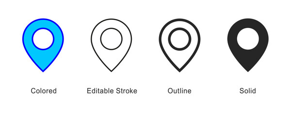Location pin marker icon. Pointer in colored, editable stroke, outline and solid styles. Navigation and mapping symbol - vector