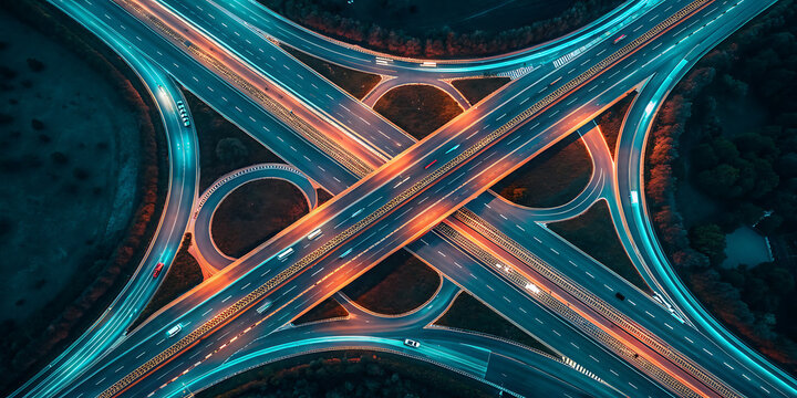 An aerial view of a complex highway interchange at night, showcasing the intricate network of roads and flowing traffic