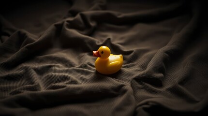 A yellow rubber duck sits on a rumpled brown fabric