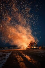 A rural home illuminated by an explosion of fiery sparks