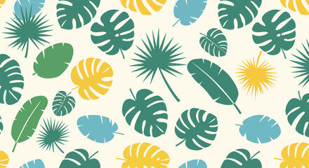 Tropical leaf pattern with monstera banana and palm leaves in green yellow and blue.