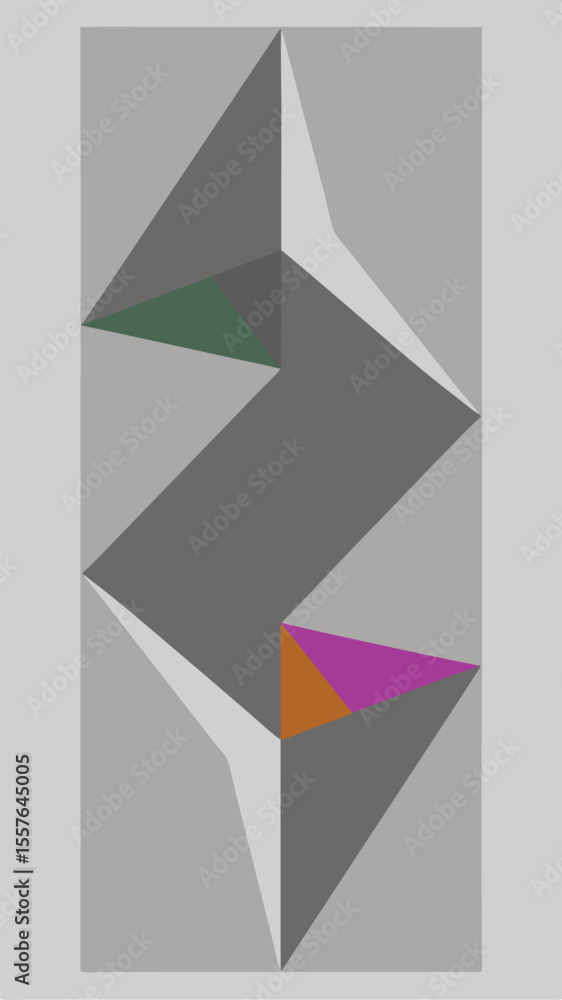 Poster geometric abstract composition featuring triangles and diverse grayscale with accent colors