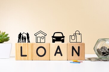 A visual metaphor of financial planning using symbolic wooden blocks representing loan options for...