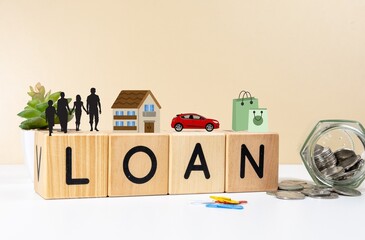 A visual metaphor of financial planning using symbolic wooden blocks representing loan options for...