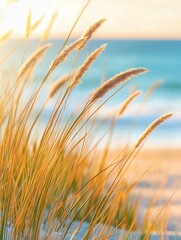 Close-up of tall grasses on a beach. the grasses are golden brown in color and appear to be swaying in the wind.