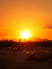 Obraz premium Photograph of a beautiful sunset in a desert landscape. the sky is a warm orange color with the sun setting in the background, creating a warm glow that illuminates the horizon.