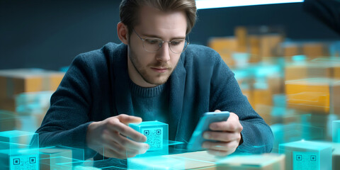 Young man with glasses is analyzing digital packages using a smartphone, surrounded by holographic QR codes, illustrating modern technology in logistics and inventory management