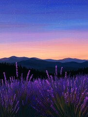 Fototapeta premium Beautiful landscape of a lavender field at sunset. the sky is filled with stars, and the sun is setting in the background, casting a warm orange glow over the mountains.